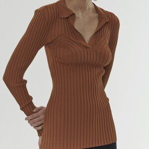 Totême Brown Orange Tobacco Arradon Rib Knit V-Neck Collar Long Sleeve Top